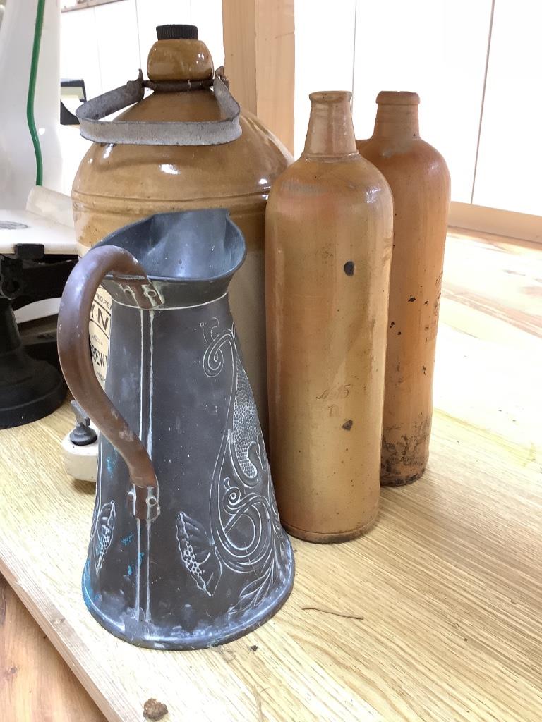 Two sets of scales, three stoneware bottles etc